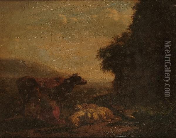 A Woman Milking A Cow With Sheep And Goats Beside Her Oil Painting - Nicolaes Berchem