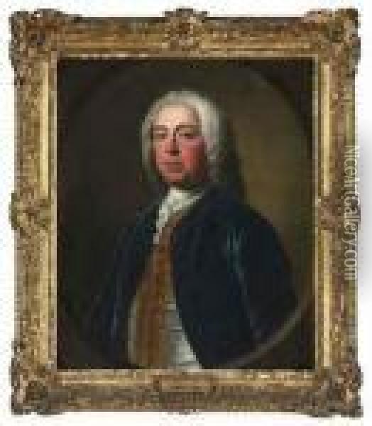 Portrait Of Penistone Powney, 
M.p. (c. 1699-1757), Of Ives Place,middlesex, Half-length, In A Blue 
Velvet Coat, With Agold-embroidered Waistcoat And A White Stock Oil Painting - Allan Ramsay