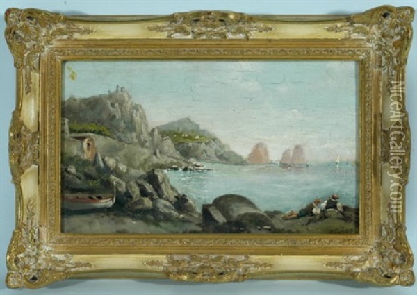 Fischer Am Strand Von Capri Mit Blick Auf Die Faraglioni Oil Painting - Johann Georg Grimm
