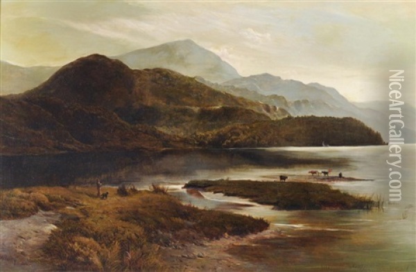 Cattle Watering In A Highland Landscape With A Figure Looking On Oil Painting - Sidney Richard Percy