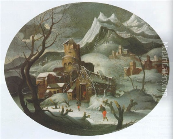 A Mountainous Winter Landscape With Peasants Outside A House On A River Oil Painting - Willem Van Bemmel