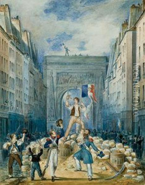 La Revolution De 1830 A La Porte De Saint Denis A Paris Oil Painting - Charles Claude Delaye