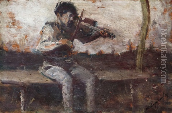 Boy With A Violin Oil Painting - Laszlo Mednyanszky