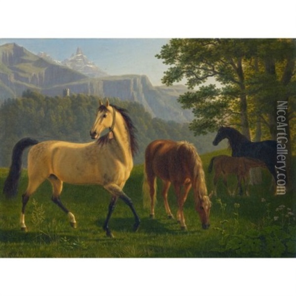 Pferde Vor Landschaft (horses In Landscape) Oil Painting - Johann Jakob Biedermann