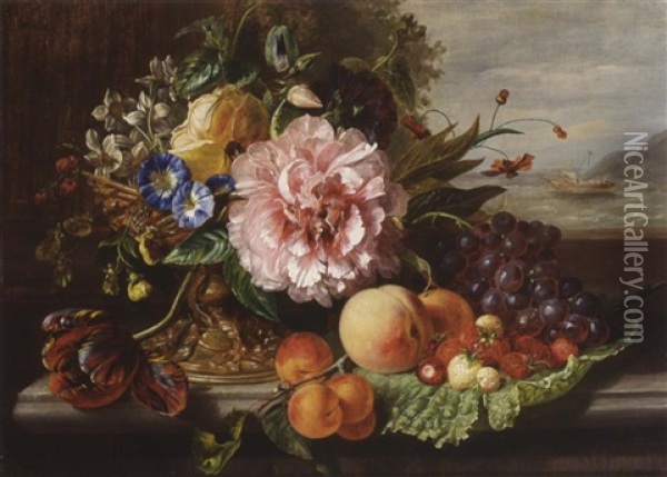 A Still Life With Flowers And Fruit Oil Painting - Helen Hamburger