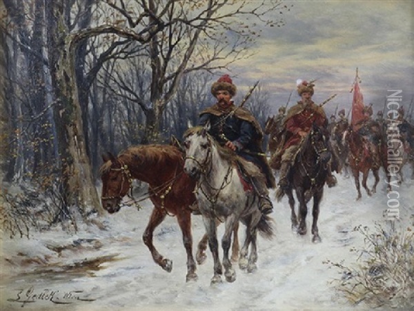 Kosaken Einzug Ins Winterquartiere Oil Painting - Ludwig Gedlek