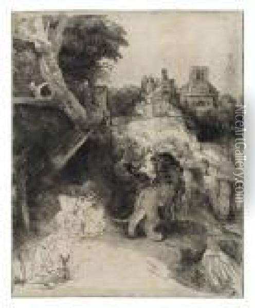 Saint Jerome Reading In An Italianate Landscape Oil Painting - Rembrandt Van Rijn