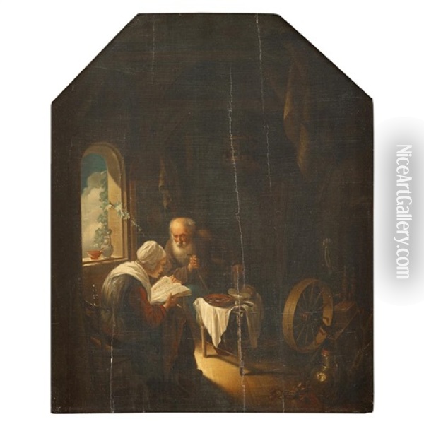 Elderly Couple In Interior Oil Painting - Gerrit Dou