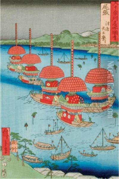 A Japanese Album Oil Painting - Utagawa or Ando Hiroshige