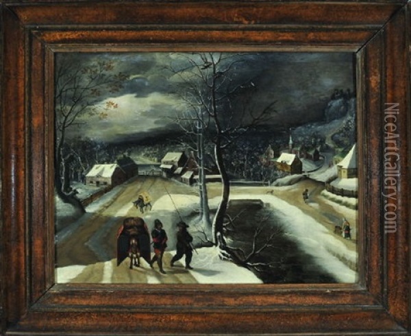 Zwei Landsknechte Mit Lastpferden Schreiten Durch Ein Dorf In Einer Winternacht Oil Painting - Abel Grimmer