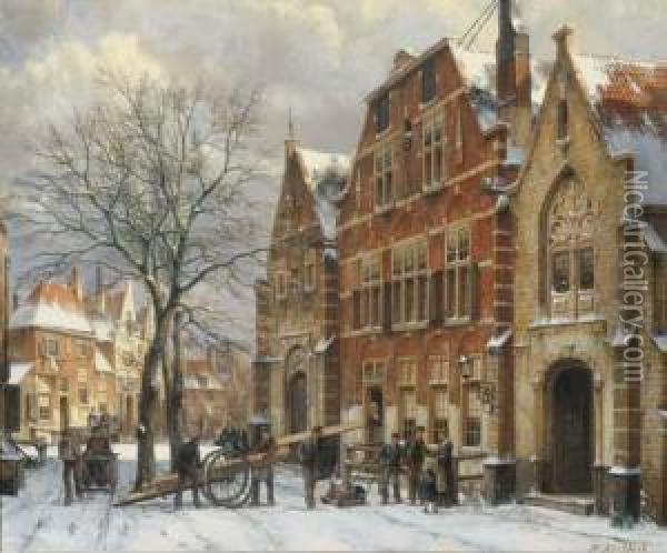 Winter: Daily Activities On A Sunny Day In Oudewater Oil Painting - Willem Koekkoek