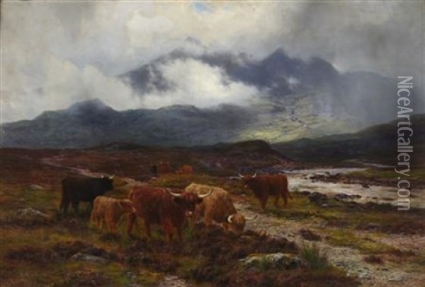 Highland Cattle By A Mountain Stream Oil Painting - Louis Bosworth Hurt