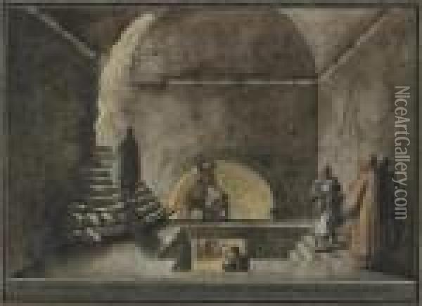 Views Of Bethany: The Interior Of The Supposed Tomb Of Lazarus Oil Painting - Luigi Mayer