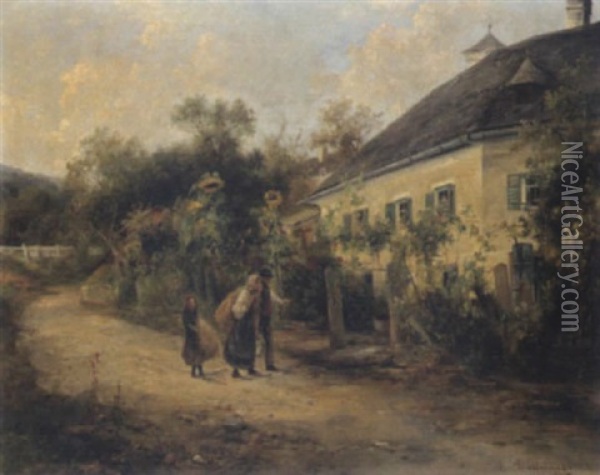 Landliche Dorfstrase Mit Figurlicher Staffage Oil Painting - Emil Barbarini