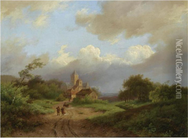 Figures On A Country Road On A Windy Day Oil Painting - Marianus Adrianus Koekkoek