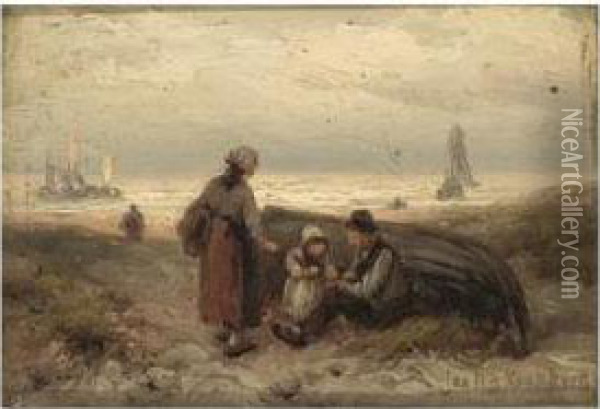 A Fisherman's Family In The Dunes Oil Painting - Johannes Hermann Barend Koekkoek