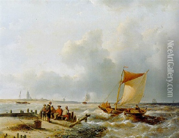 Sailors On A Pier Overlooking An Estuary Oil Painting - Andreas Schelfhout
