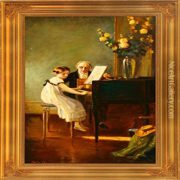 At The Piano Teacher Oil Painting - Emilie Christensen