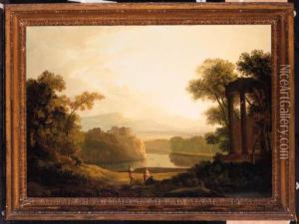 Figures In A Classical Wooded Lake Landscape Oil Painting - Coplestone Warre Bampfylde