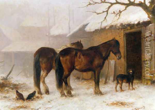 Horses in a Snow Covered Farm Yard Oil Painting - Wouterus Verschuur
