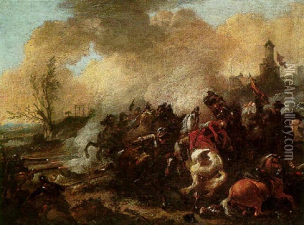 A Cavalry Skirmish Before The Walls Of A Fortified Town Oil Painting - Jan van Huchtenburg