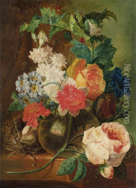A Still Life With Roses And 
Other Flowers In A Glass Vase, Together With A Bird's Nest All Resting 
On A Stone Ledge Oil Painting - Jan van Os