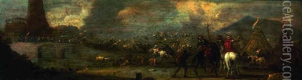 A Cavalry Skirmish On A Bridge By An Encampment Oil Painting - Jacques Courtois