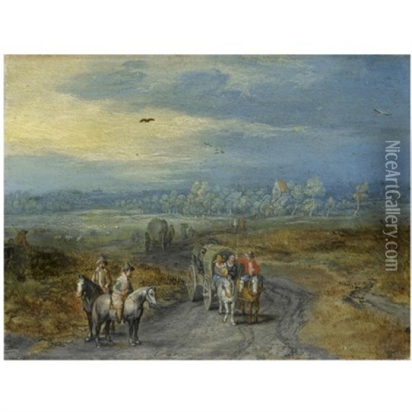 Travellers On A Country Road With A Village Beyond Oil Painting - Jan Brueghel the Elder