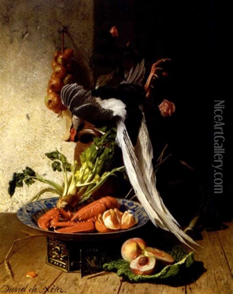A Kitchen Still Life With A Pheasant, A Lobster, Various Fruits And Vegetables Oil Painting - David Emile Joseph de Noter