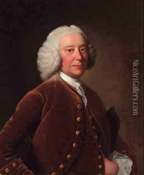 Portrait of a gentleman, half-length, in a brown coat and waistcoat, a tricorn under his arm Oil Painting - Thomas Hudson