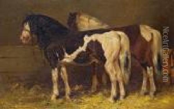 Zwei Pferde Im Stall Oil Painting - Wouterus Verschuur