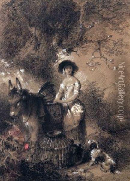 Woodland Scene With Lady, Donkey And Dog Oil Painting - Edward Robert Smythe