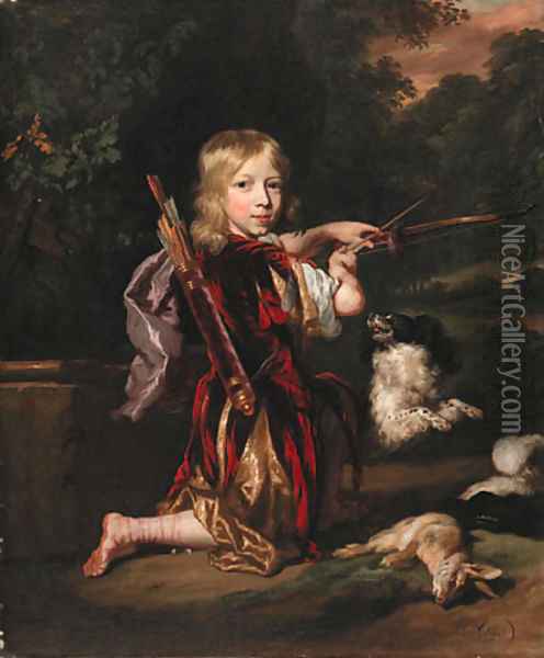 Portrait of a youth, small full-length kneeling, in classical style costume, drawing a bow, a dead rabbit beside him, with a spaniel Oil Painting - Nicolaes Maes