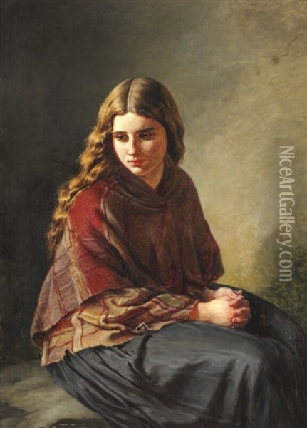 Seated Girl With Folded Hands And On Her Shoulders A Checked Shawl Oil Painting - Elisabeth Anna Maria Jerichau-Baumann