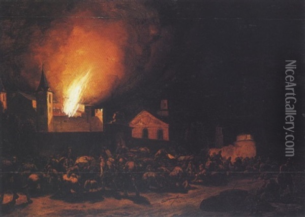 A Village On Fire Oil Painting - Philipp van Leeuwen