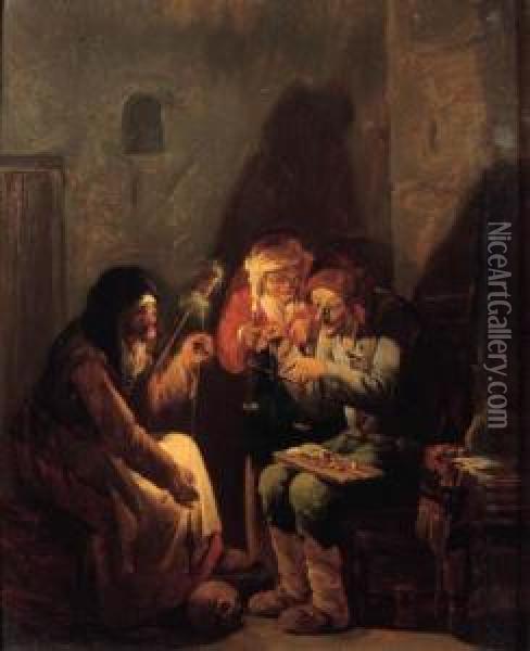 A Vanitas: An Old Man Seated On A
 Barrel Weighing Gold, An Oldpeasant And A Fortune-teller Holding A 
Candle Nearby, In Abarn Oil Painting - Andries Dirksz. Both