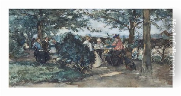 A Sunny Afternoon In A Tea Garden, The Hague Oil Painting - Johannes Evert Hendrik Akkeringa