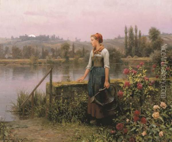 A Woman With A Watering Can By The River Oil Painting - Daniel Ridgway Knight