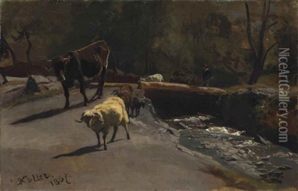 Kleine Herde Am Bach Oil Painting - Johann Rudolf Koller