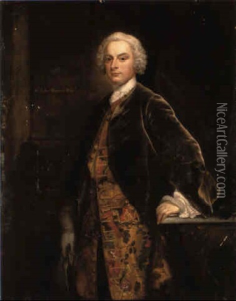 Portrait Of Sir John Barker, Bt. With His Arm Resting On A Marble Table Oil Painting - Thomas Hudson