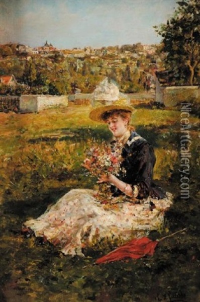 Elegante A L'ombrelle Oil Painting - Eduardo Leon Garrido