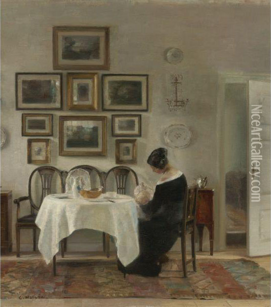Mother And Child At The Table Oil Painting - Carl Vilhelm Holsoe