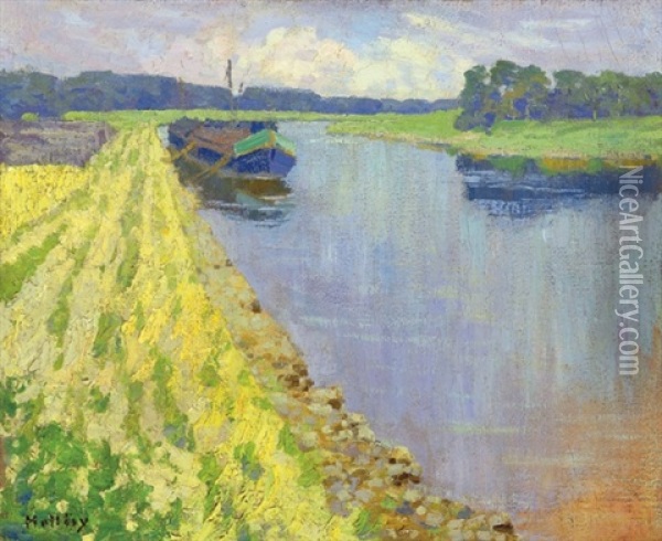 Longboat On The Tisza Oil Painting - Simon Hollosy