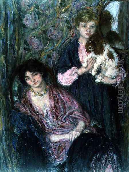 Two Women with a Spaniel Oil Painting - Edmond-Francois Aman-Jean