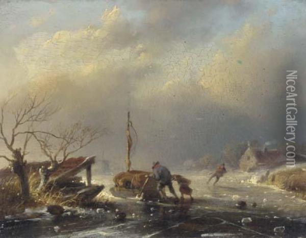 Peasants Pushing A Sledge On A Frozen River Oil Painting - Jan David Geerling Grootveld