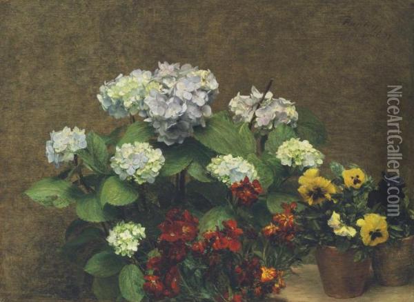 Fleurs (hortensias, Giroflees, Deux Pots De Pensees) Oil Painting - Ignace Henri Jean Fantin-Latour