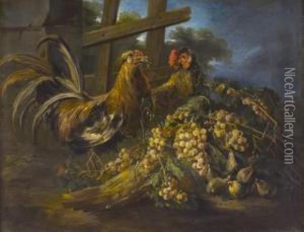 Coq Et Raisins Oil Painting - Il Crivellino Giovanni Crivelli