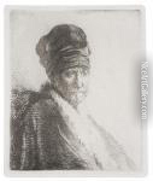 Bust Of A Man Wearing A High Cap, Three-quarters Right (theartist's Father ?) Oil Painting - Rembrandt Van Rijn