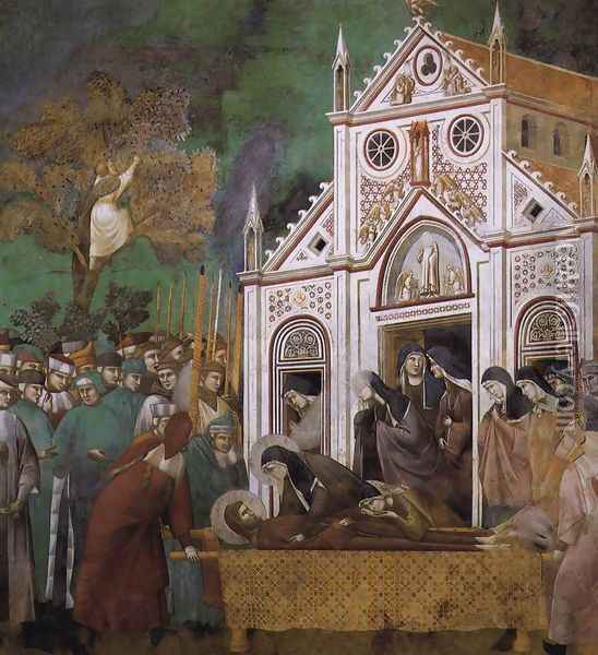 Legend of St Francis- 23. St. Francis Mourned by St. Clare 1300 Oil Painting - Giotto Di Bondone