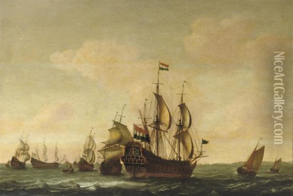 A Man O' War With Other Shipping In Choppy Waters Oil Painting - Jacob Gerritz Loef